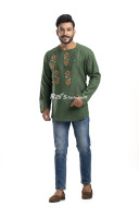 Hunter Green Khadi Cotton Men Short Kurta With Embroidery Work (KRP3) Hunter Green Khadi Cotton Men Short Kurta With Embroidery Work (KRP3)
